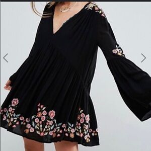 Free People Black and Pink Embellished Bell Sleeve Tunic